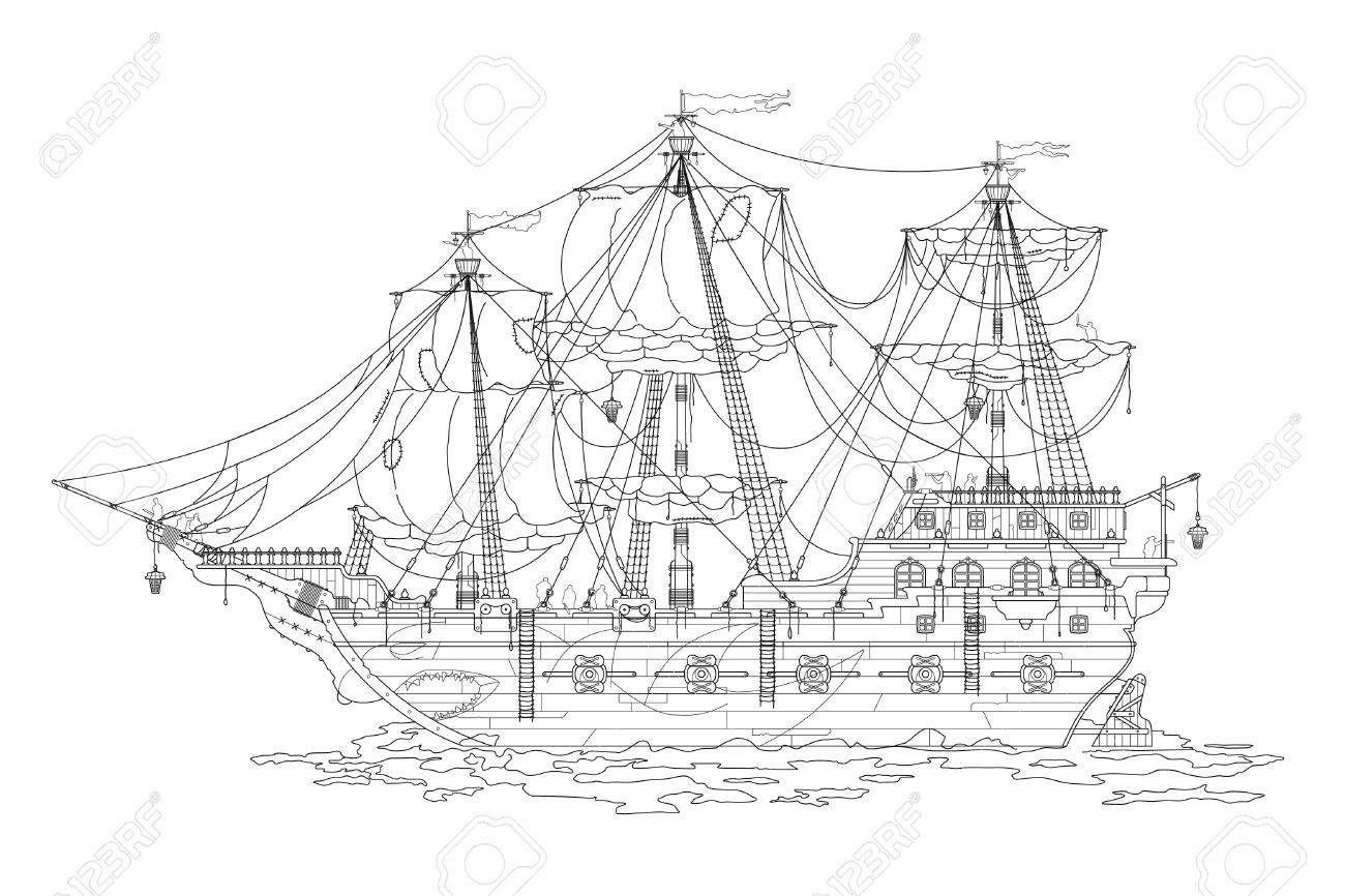 Hand drawing cartoon pirate ship coloring coloring book for adults black and white vector illustration royalty free svg cliparts vectors and stock illustration image