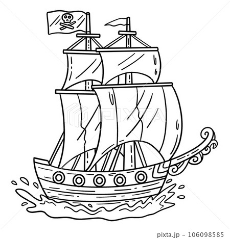 Pirate ship isolated coloring page for kids