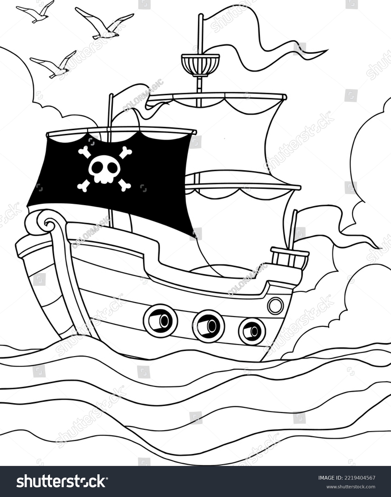 Coloring page cartoon pirate ship middle stock vector royalty free