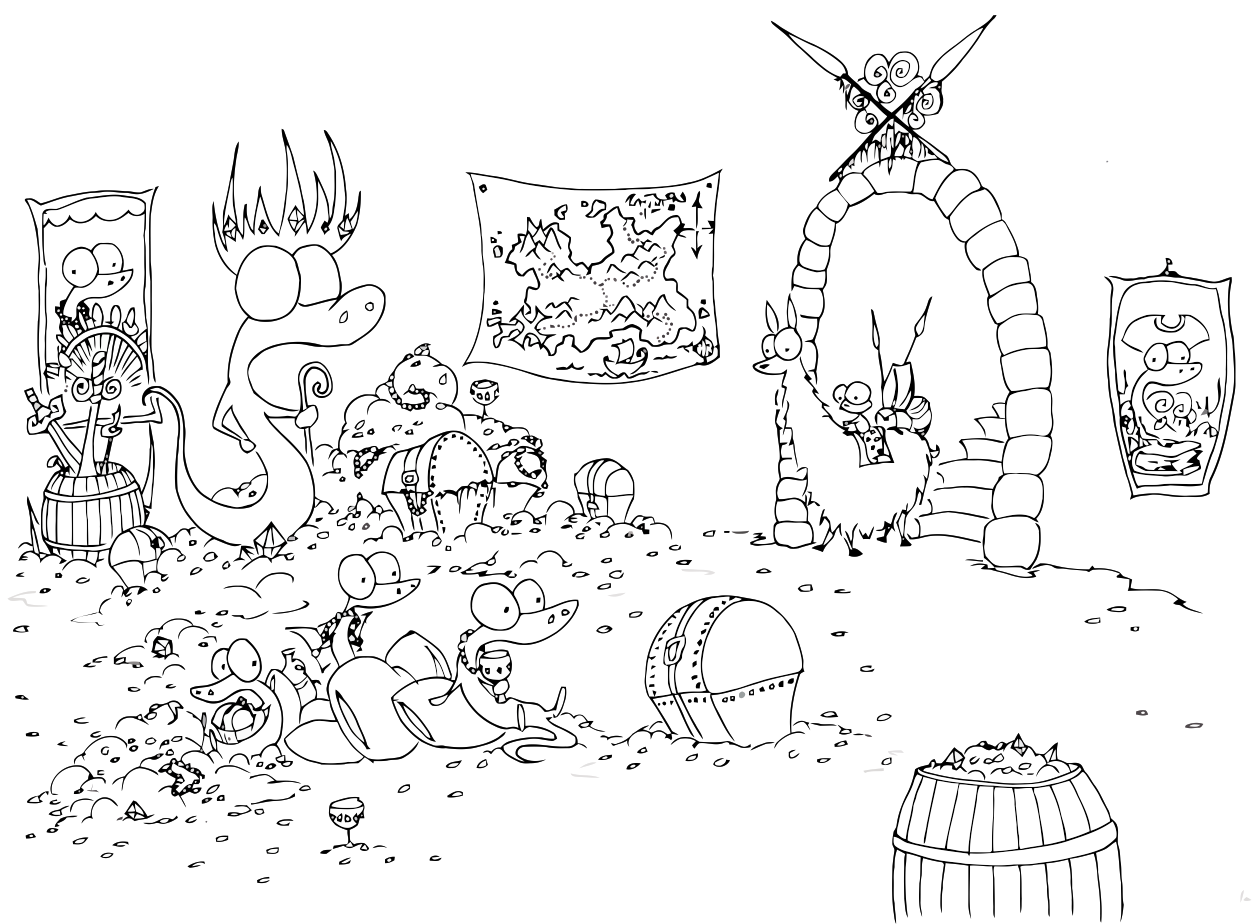 Coloring page pirate alligators in a pile of gold