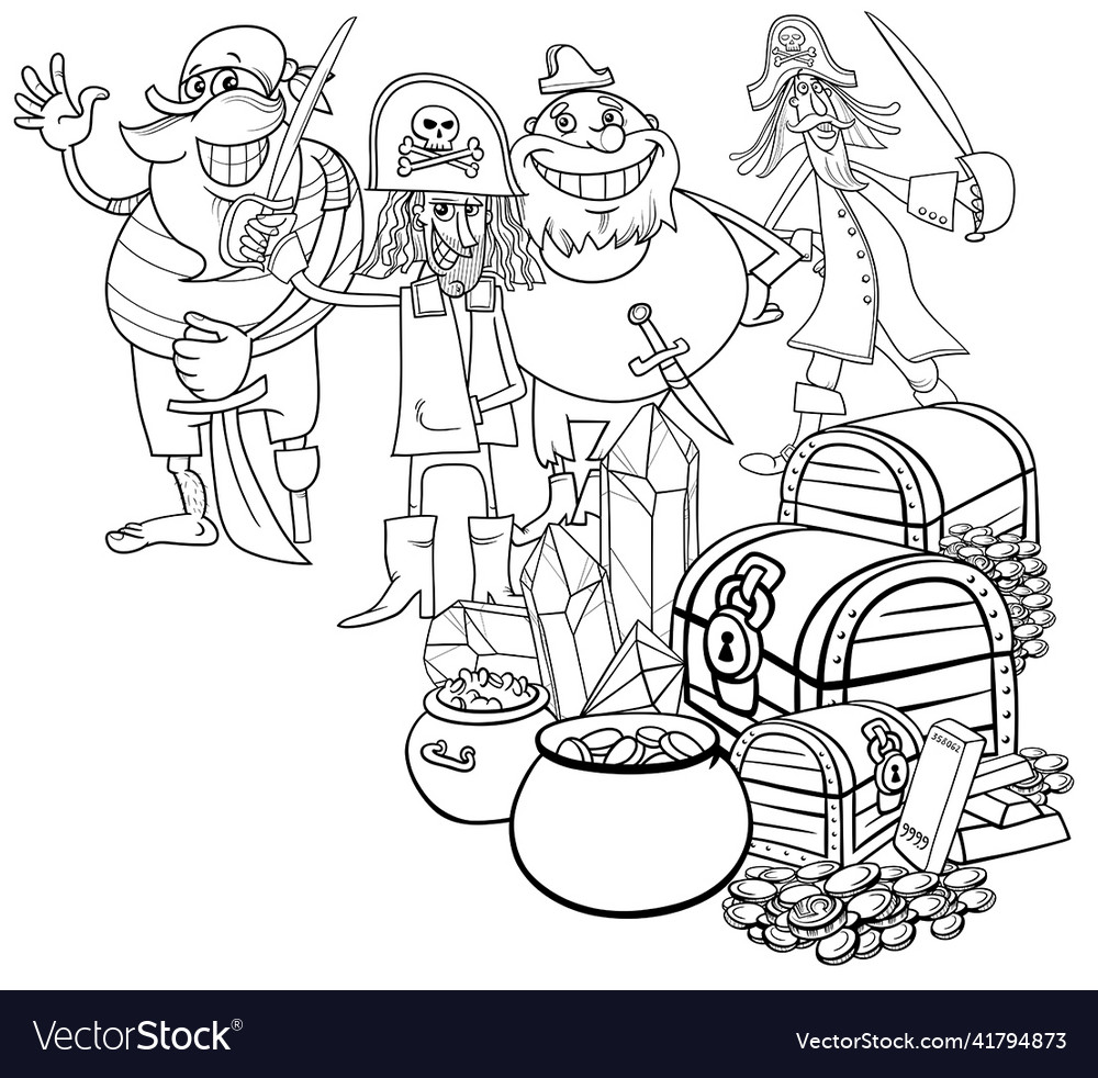 Cartoon pirates and treasure coloring book page vector image