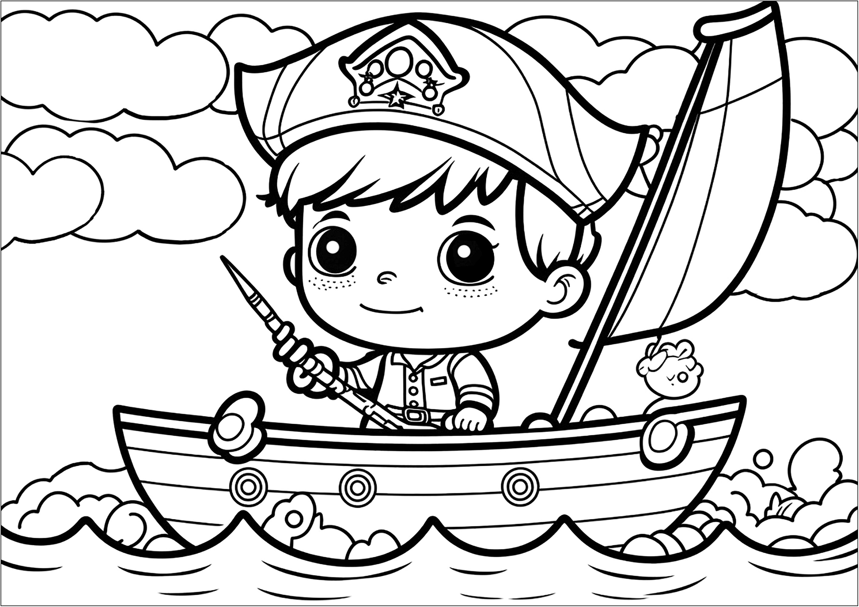 Young pirate with kawaii style on his boat