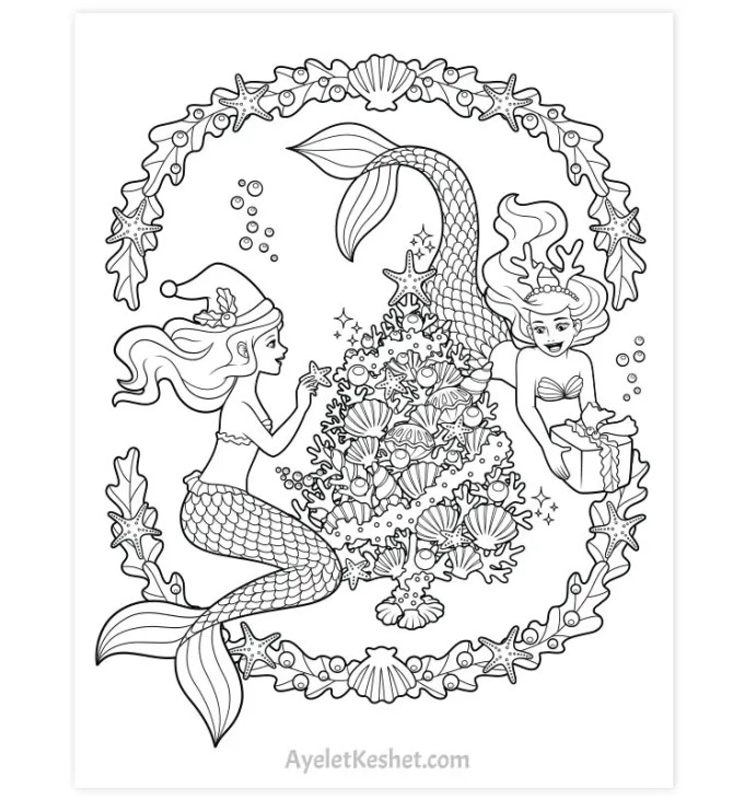 Mermaid christmas coloring page freebie