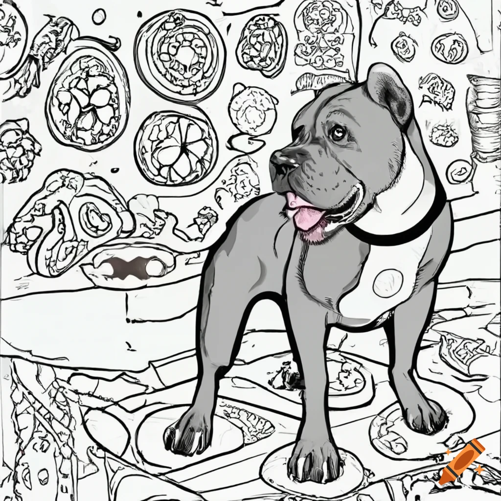 Imagine a pitbull for a childrens coloring book be sure to include its full body dog treats in the background on