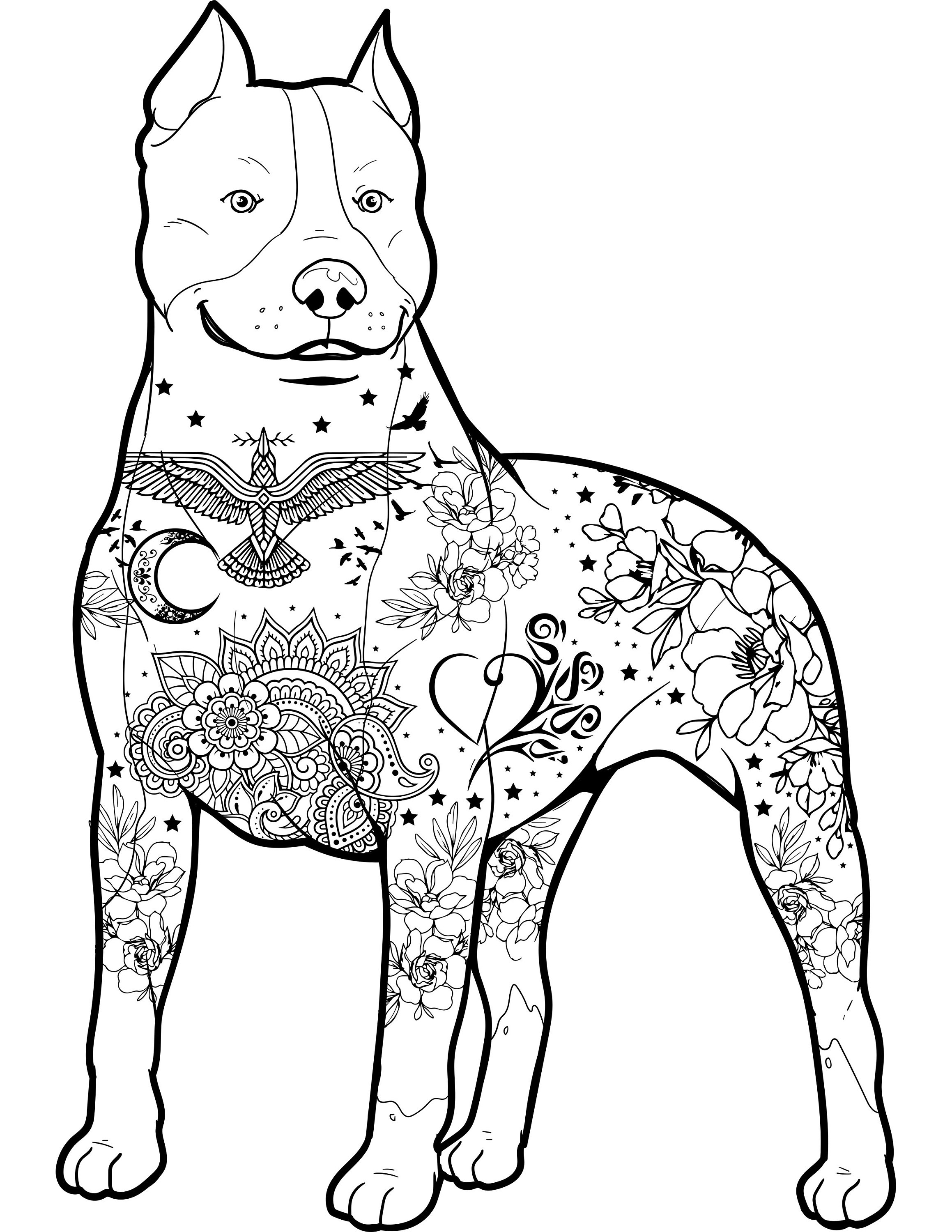 Printable pitbull with really cool tattoos digital download pit bull art dog coloring pages