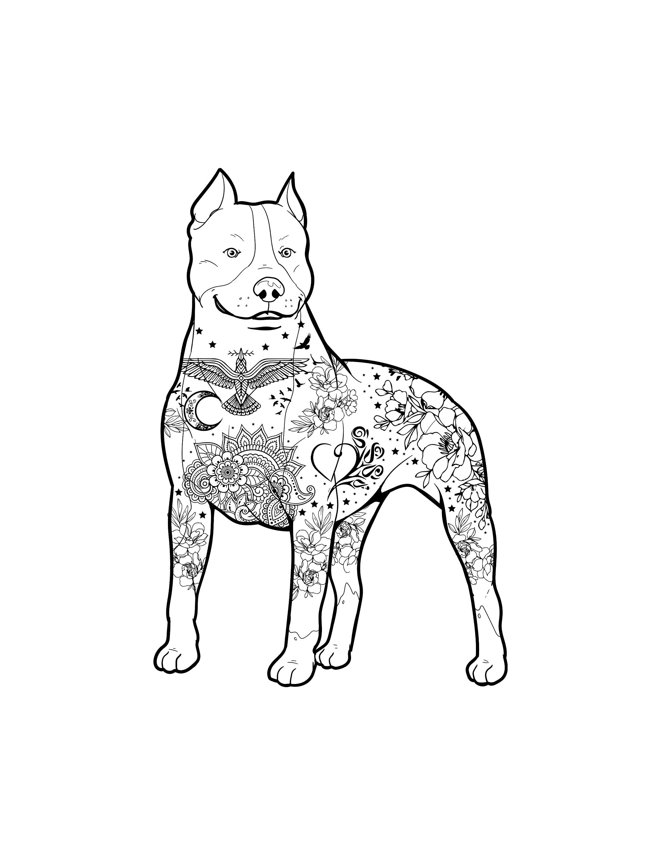 Printable pitbull with really cool tattoos digital download pit bull art dog coloring pages