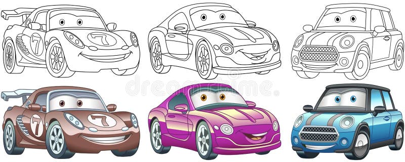 Cartoon cars coloring pages set stock vector