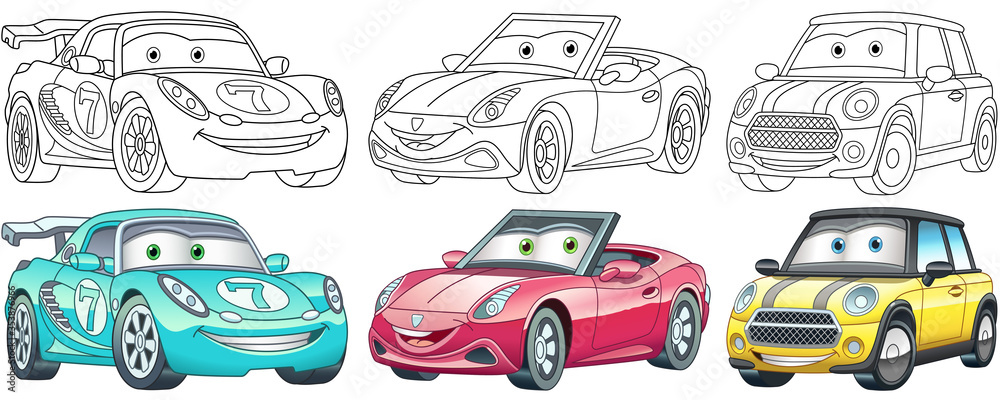 Cartoon cars coloring pages for kids colorful clipart characters childish designs for t shirt print icon logo label patch or sticker vector illustration vector