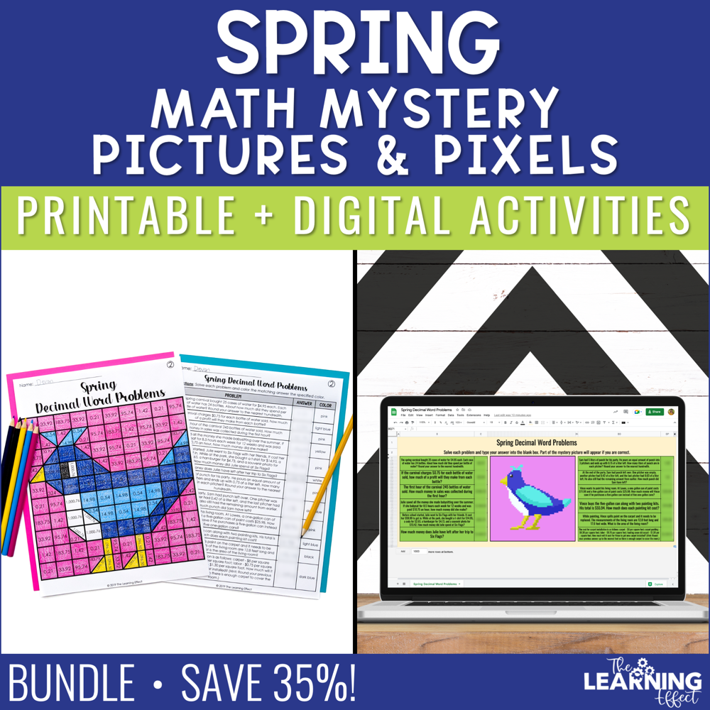 Spring math mystery pictures and pixel art bundle