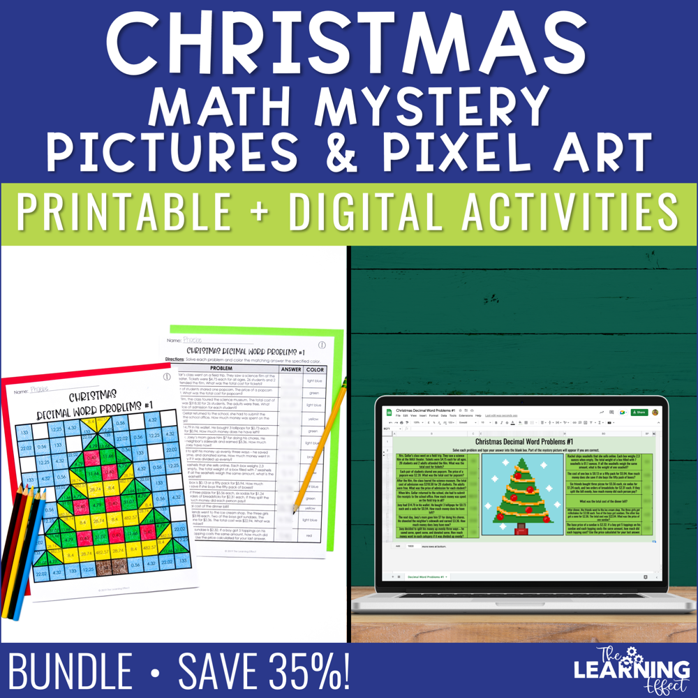 Christmas math activities mystery picture pixel art bundle print digital