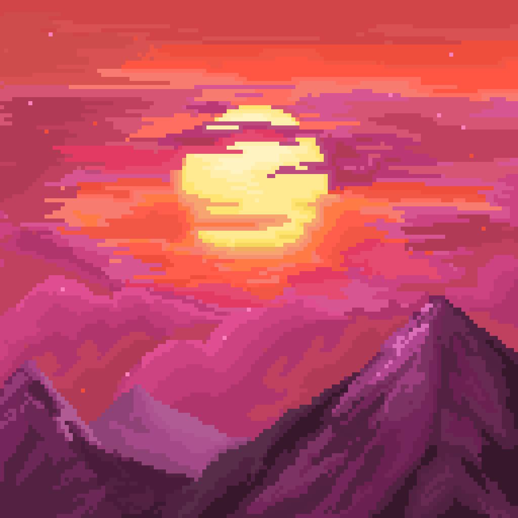 Пиксельный закат в пустыне фиолетовый