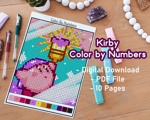 Kirby color by numbers printable gaming cute kawaii gamer pixel art coloring pages for adults coloring pages bundle instant download