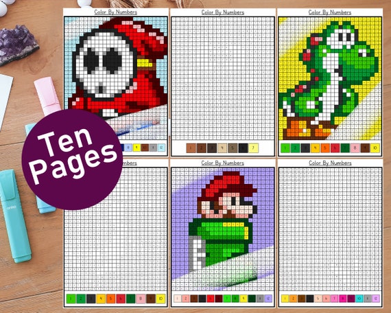 Mario color by numbers printable gaming cute kawaii gamer pixel art coloring pages for adults coloring pages bundle