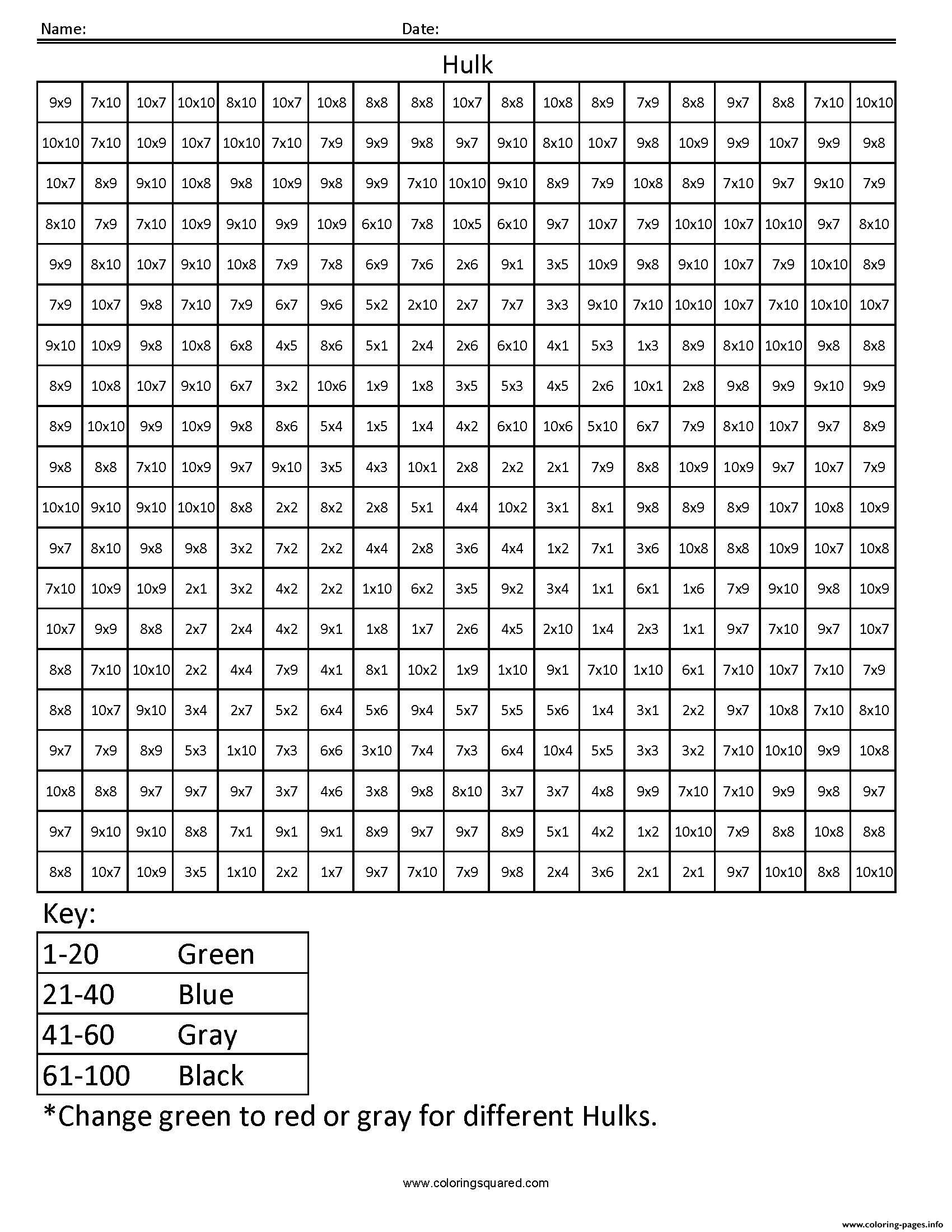 Hulk multiplication math facts pixel art coloring page printable