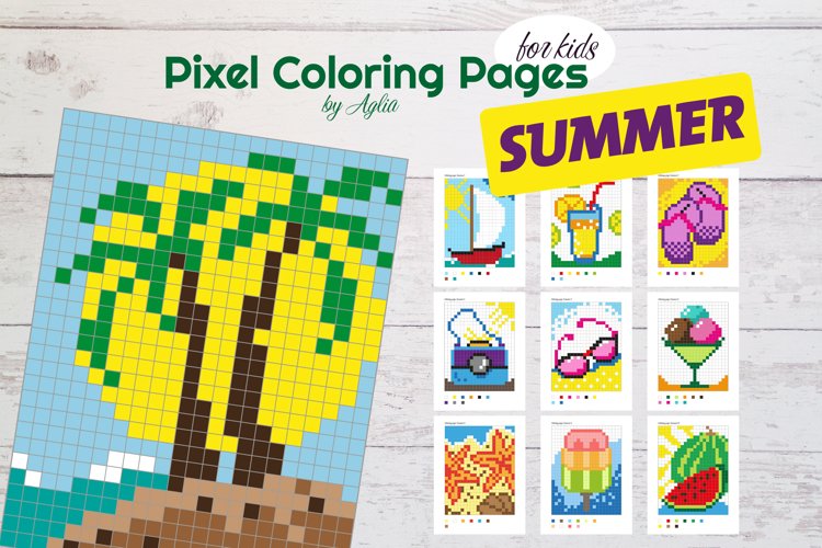 Pixel coloring pages for kids summer vacation