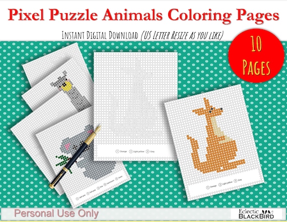 Pixel puzzle pals animal pictures to color by squares to reveal hidden picture pages for kids printablesinstant pdf download set