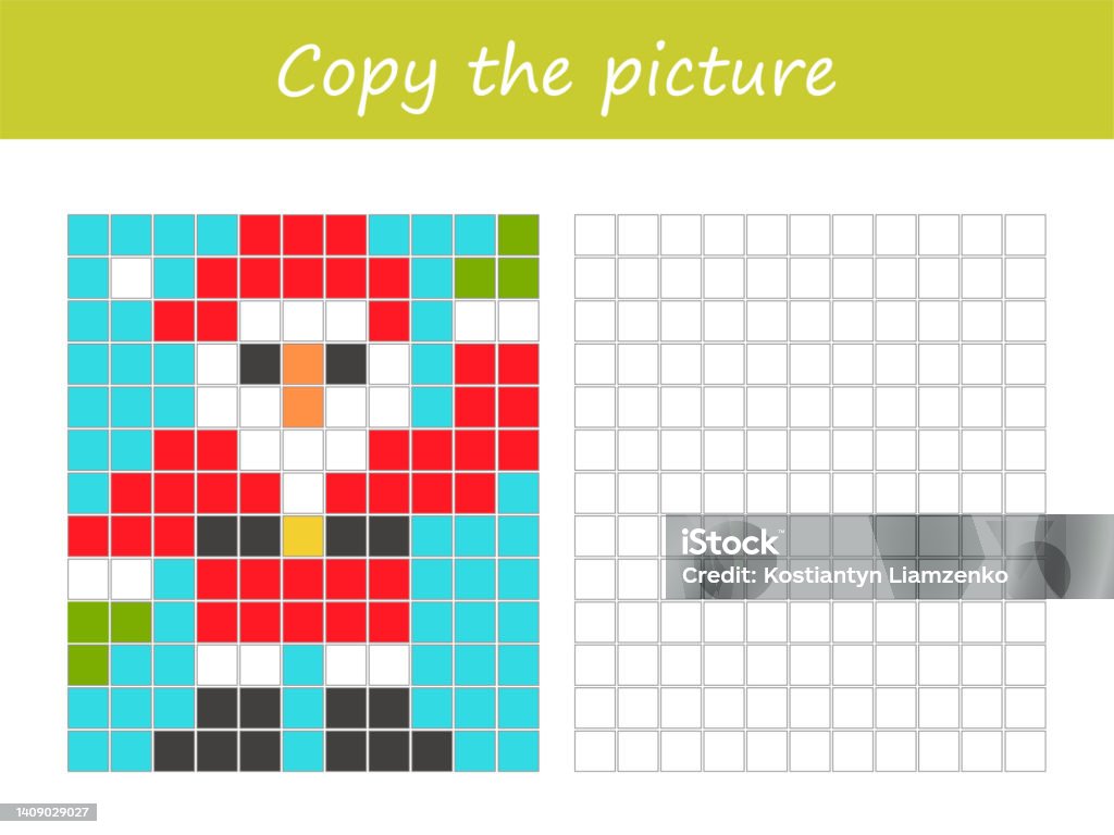 Game for kids copy the picture and color page with a cute santa clause pixel art stock illustration