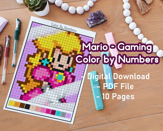 Mario color by numbers printable gaming cute kawaii gamer pixel art coloring pages for adults coloring pages bundle