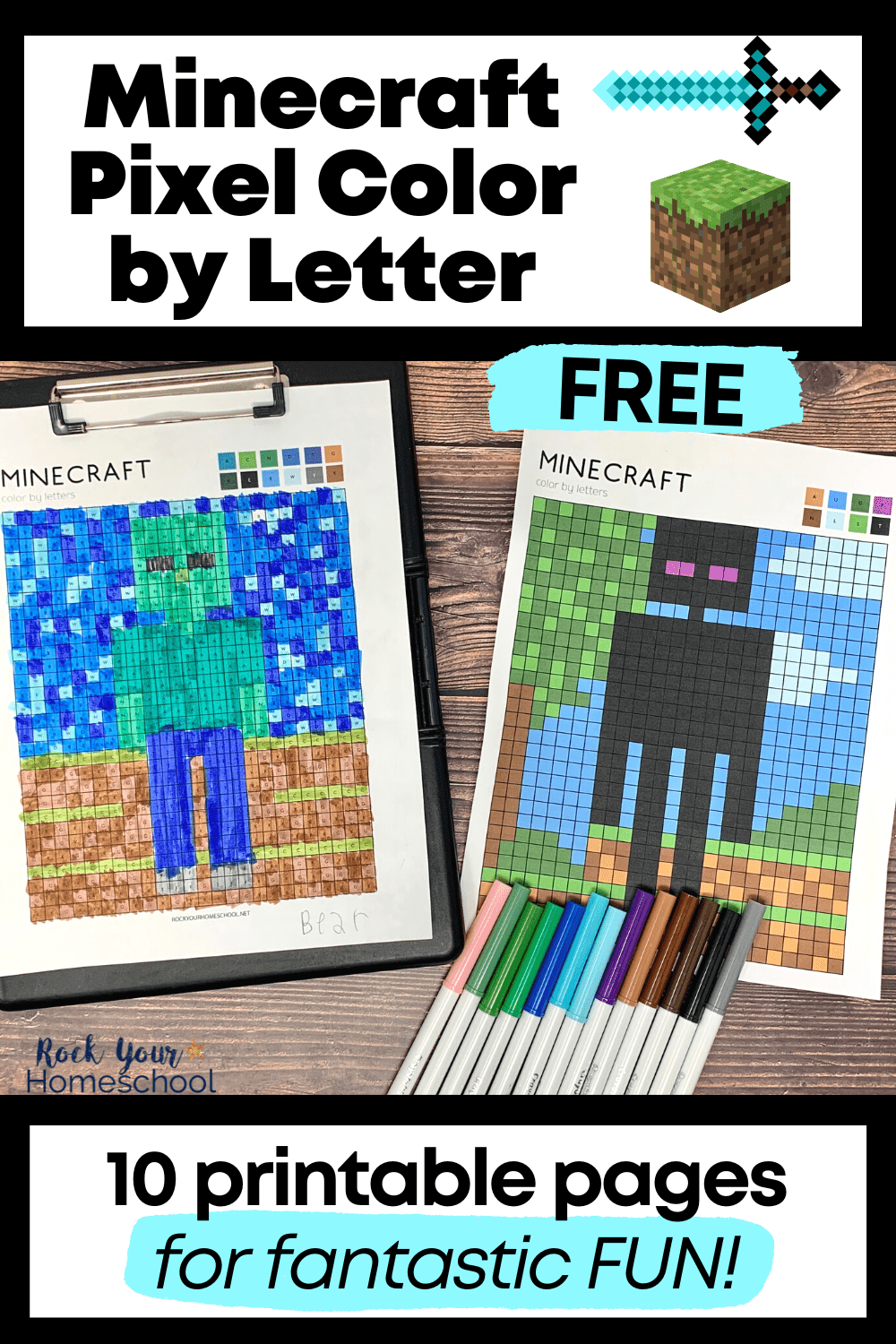 Minecraft color by letter pixel art for fun activities free