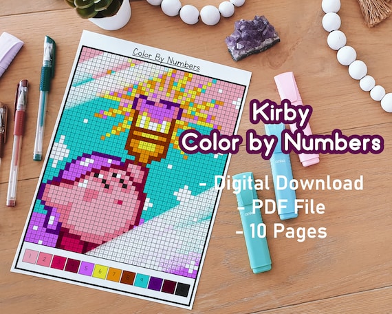 Kirby color by numbers printable gaming cute kawaii gamer pixel art coloring pages for adults coloring pages bundle instant download