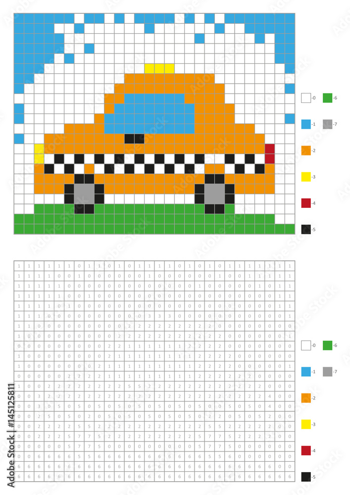 Coloring book with numbered squares kids coloring page pixel coloring taxi car vector illustration vector