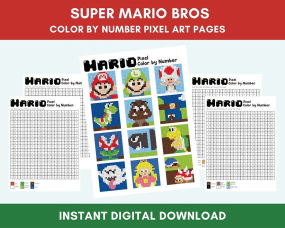 Super mario bros coloring pages color by number pixel art for kids digital printable templates instant download