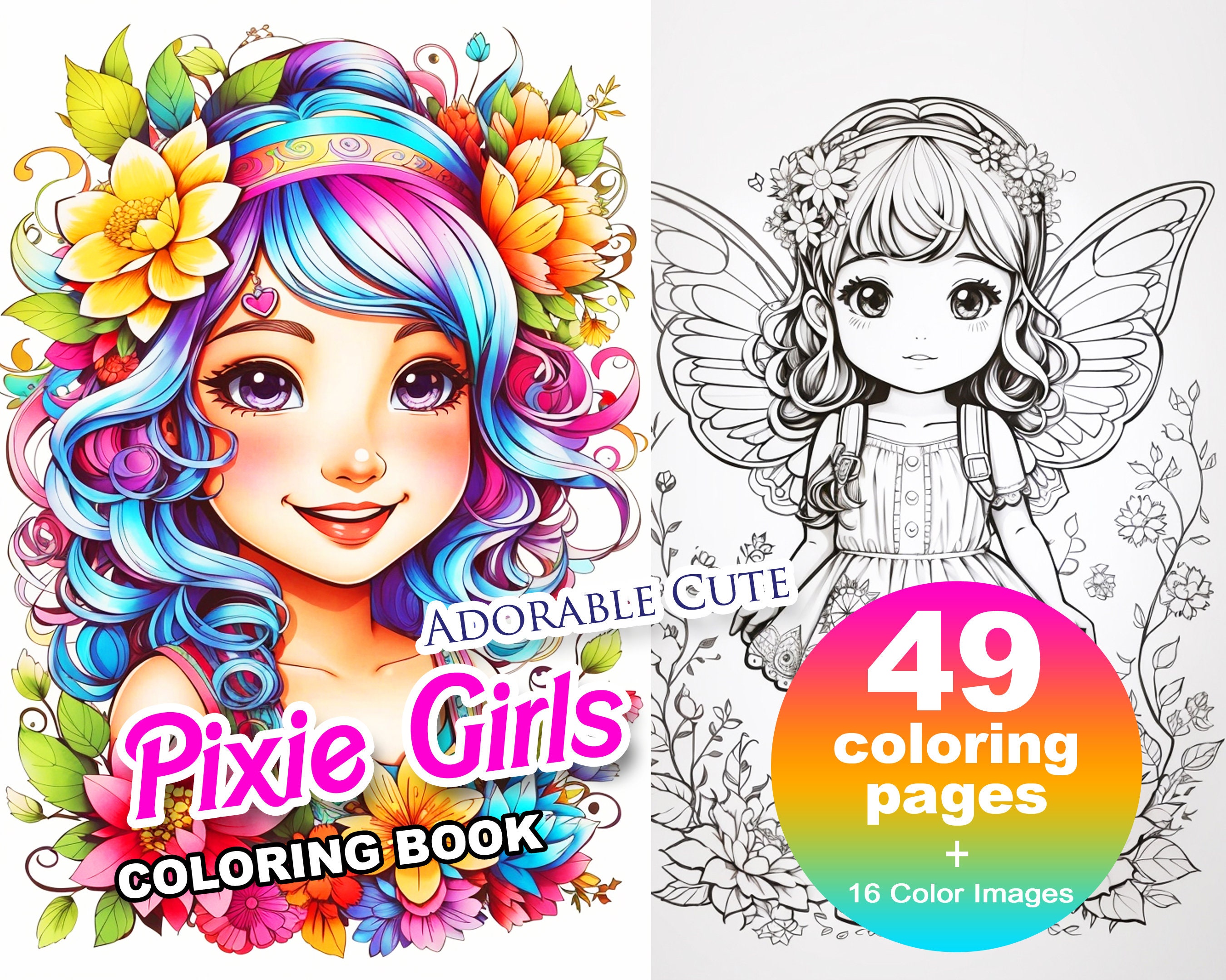 Adorable cute pixie girls coloring pages book anime style