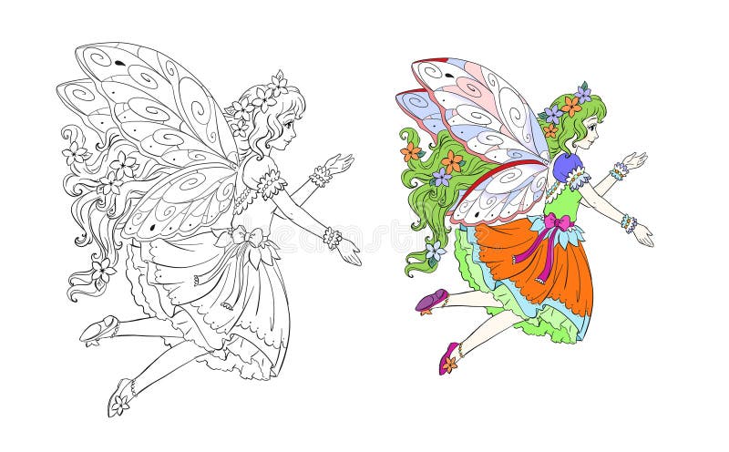 Elegant decorative coloring page with fairy tale pixie girl in pretty dress stock illustration