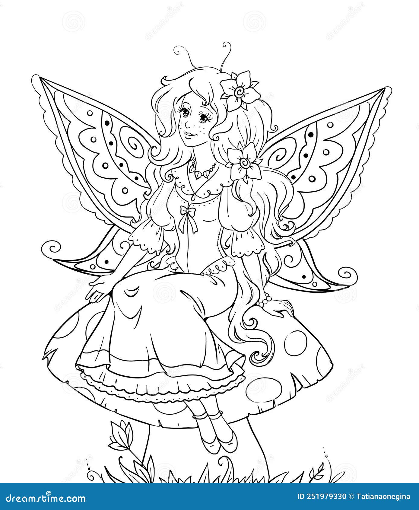 Fairy tale coloring page with pixie girl stock illustration