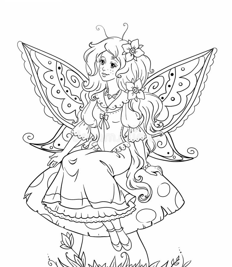 Fairy tale coloring page with pixie girl stock illustration