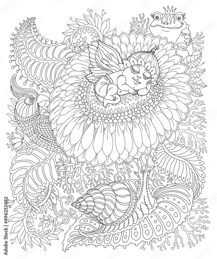 Vector fantasy pixie baby with butterfly wings chamomile flower tropical leaves foliage fairy tale parrot frog snail black and white adults and children coloring book page vector