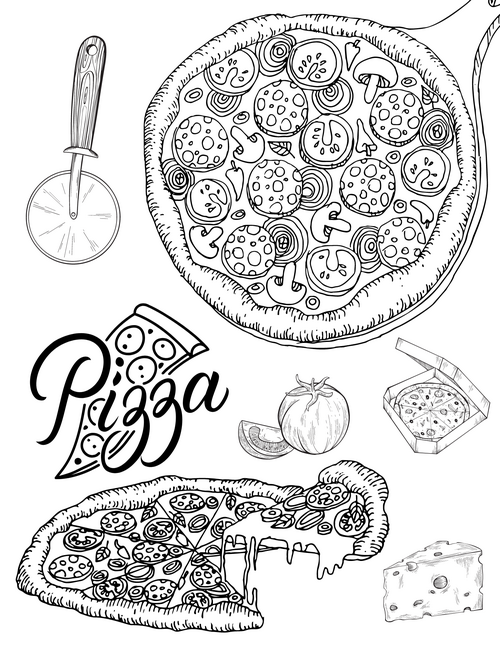 Pizza coloring pages for kids and adults