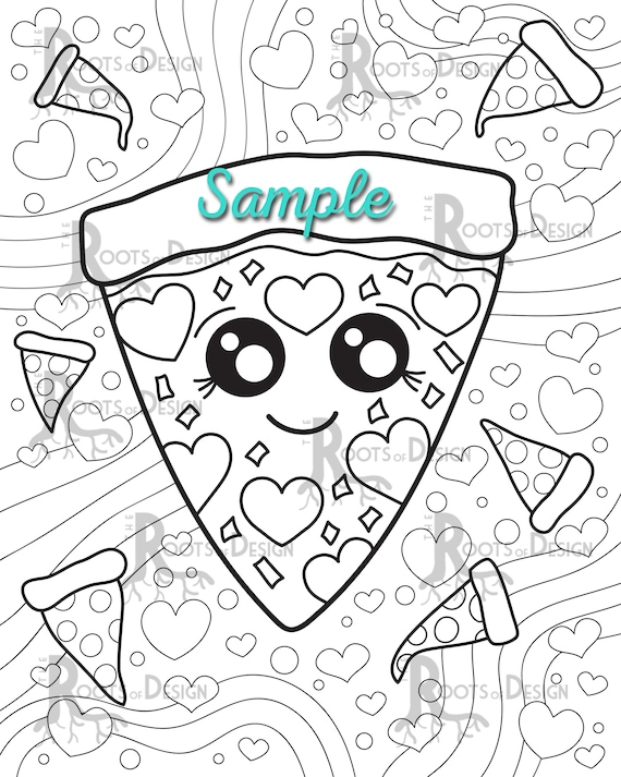 Instant download coloring cute pizza with heart pepperoni coloring page print doodle art printable