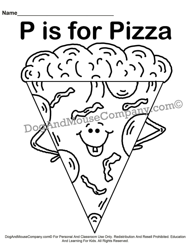 P is for pizza coloring page learn your abcs worksheet printable â dog and mouse pany