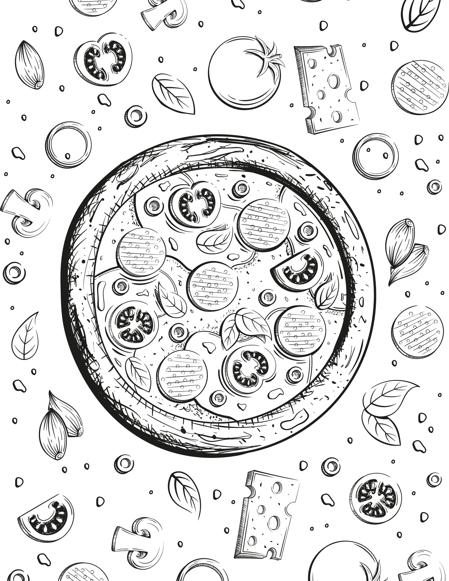 Print these perfect pizza coloring pages for kids and adults