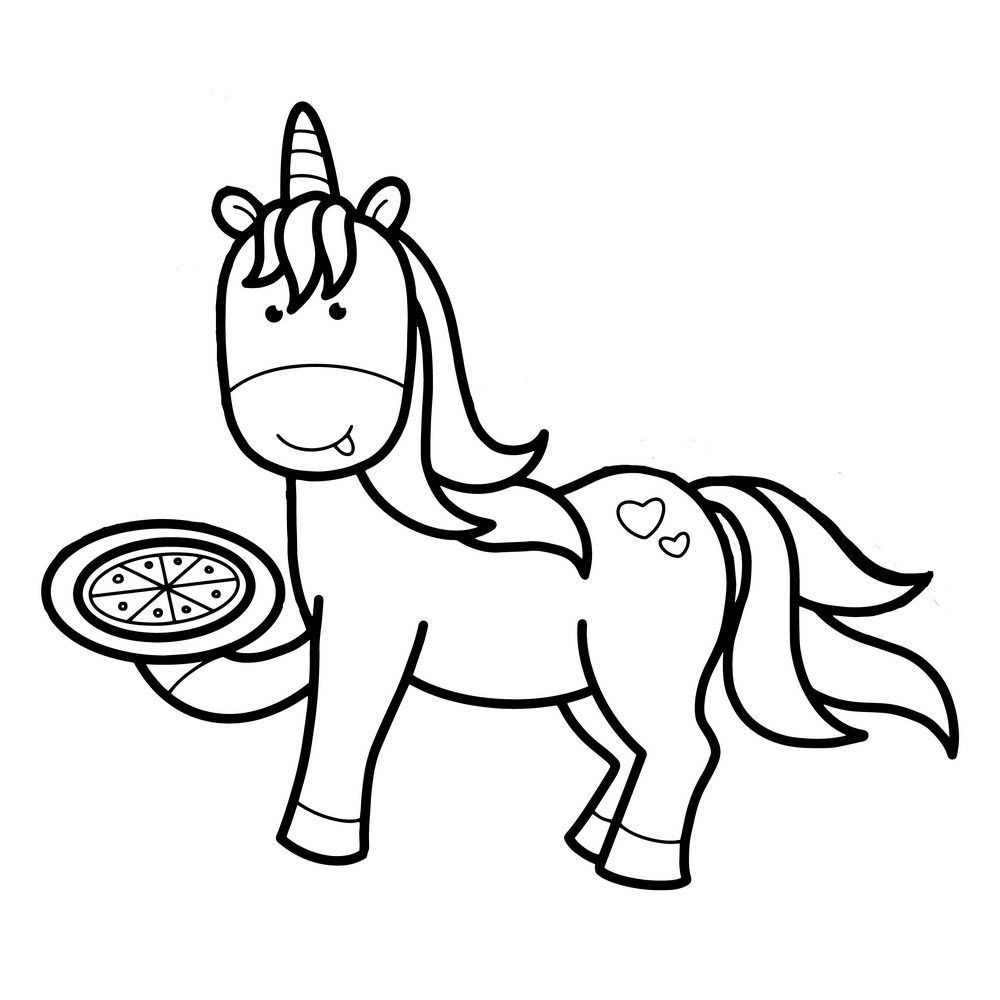 Unique unicorn with a pizza use as coloring page outline