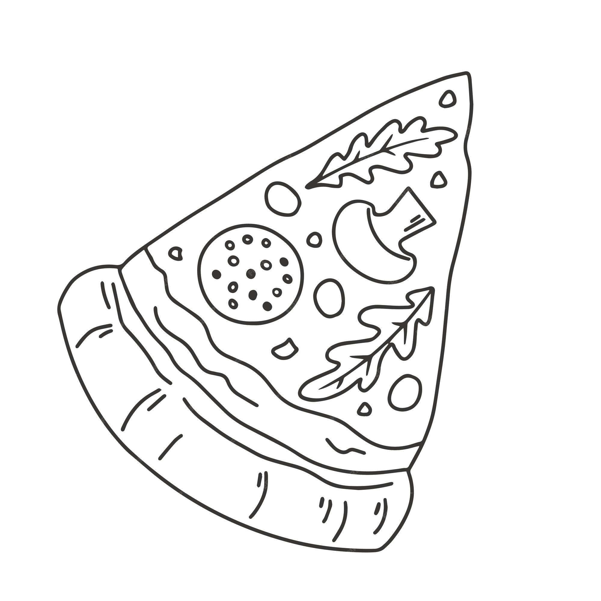 Premium vector slice of pizza with pepperoni and mushrooms black and white image for tattoo or coloring or logo