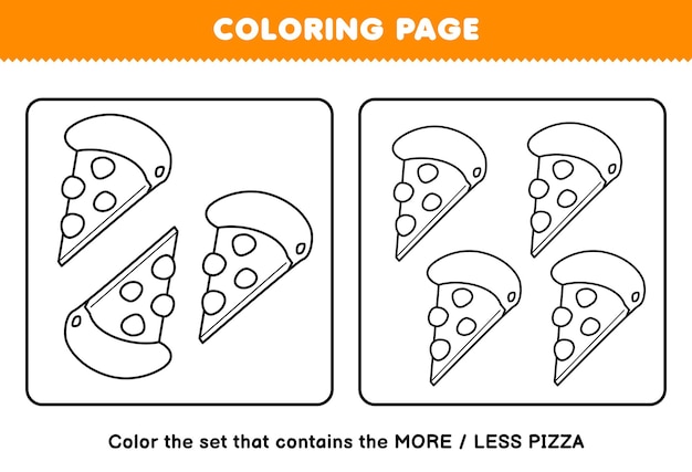 Premium vector education game for children coloring page more or less picture of cartoon pizza line art set printable worksheet