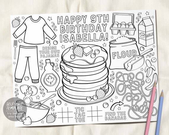 Pancakes and pajamas coloring placemat for kids editable template birthday pancake party coloring page sheet table mat pj sleepover