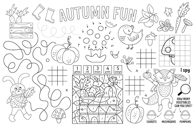 Premium vector vector autumn placemat for kids fall printable activity mat with maze coloring page