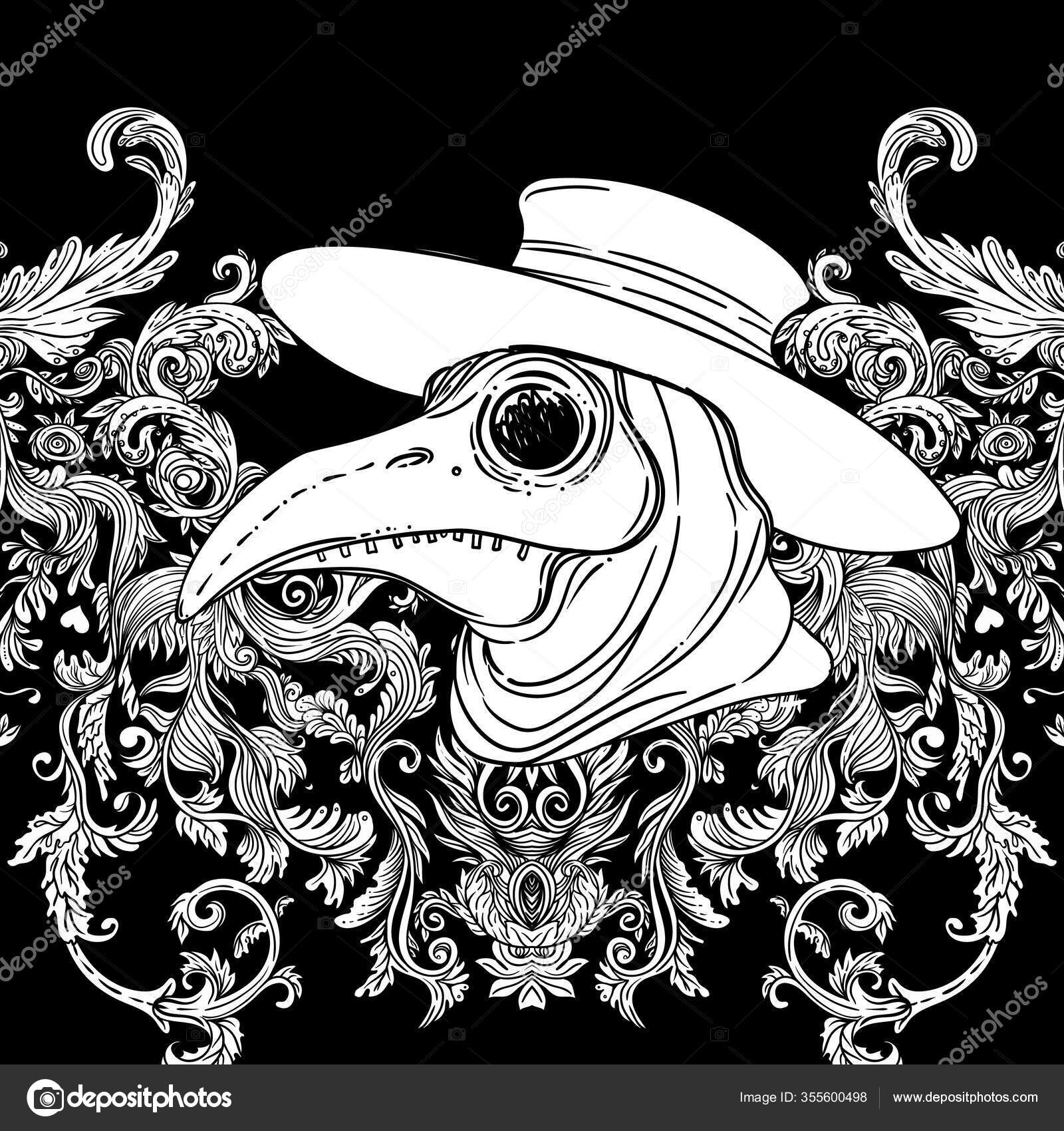 Vector gothic illustration of plague doctor tattoo art sketchy style medieval venetian scary bird mask alchemy tattoo art t