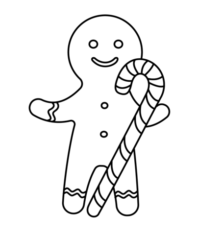 Gingerbread man with candy cane coloring page free printable coloring pages