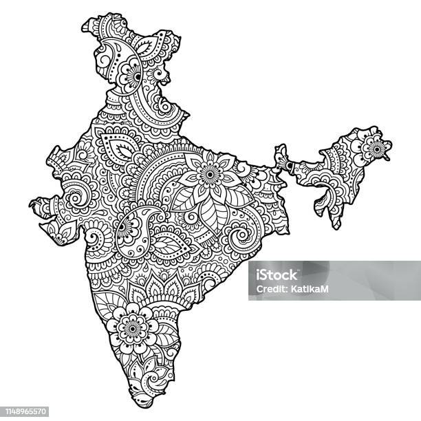 Outline map of india filled with a highdetailed floral pattern flower ornament in oriental mehndi style doodle coloring book page stock illustration