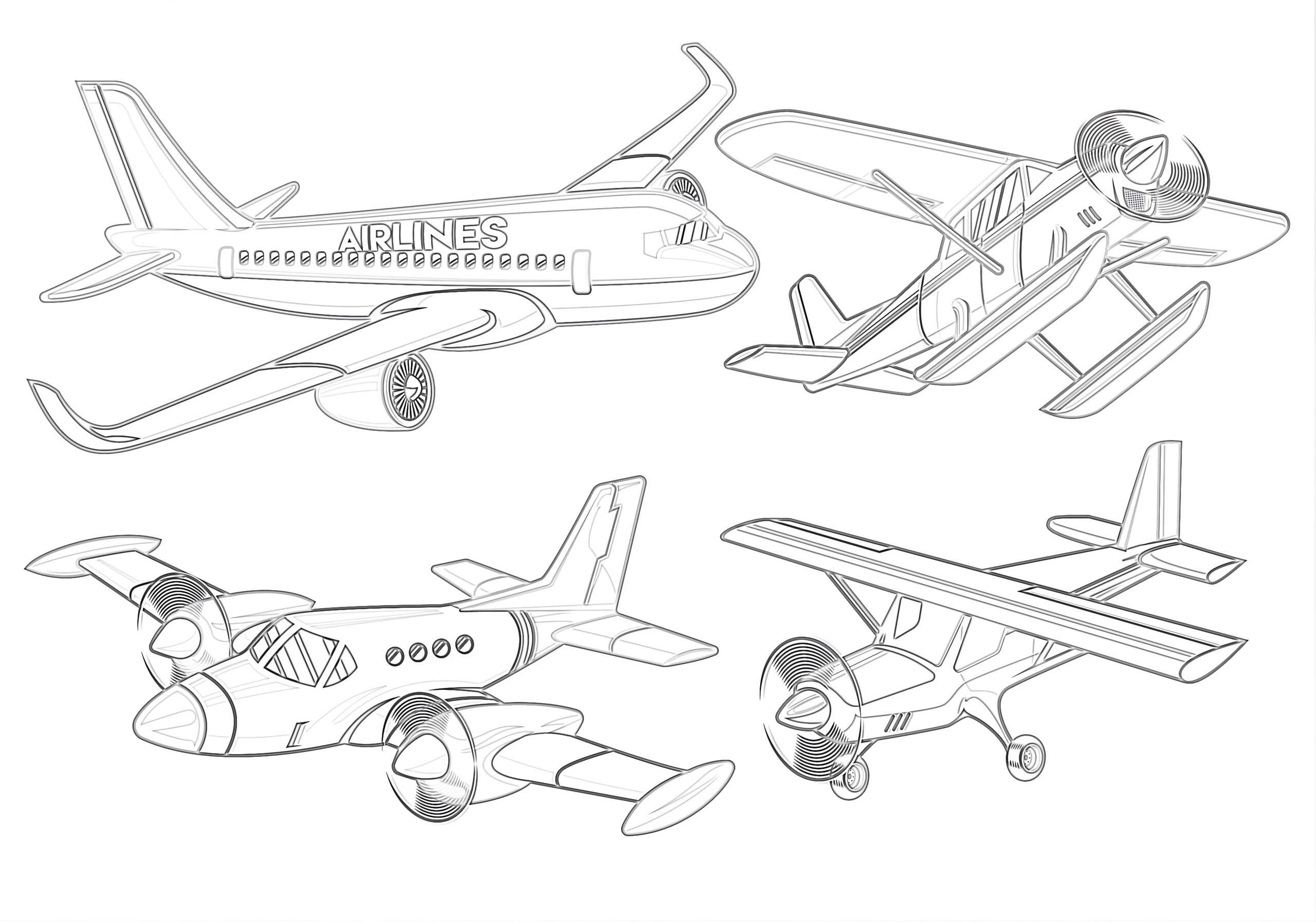 Printable collection of modern airplane coloring page