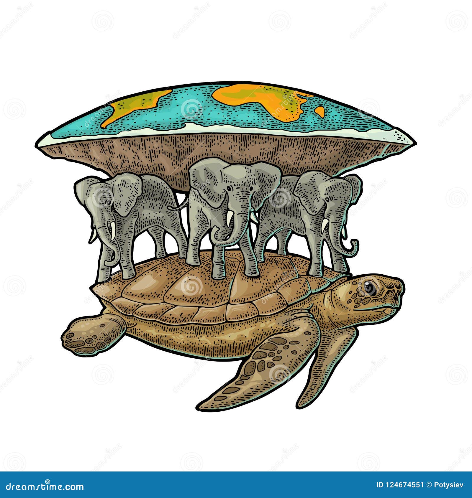 Elephants and turtle holding flat earth engraving vintage black illustration stock vector