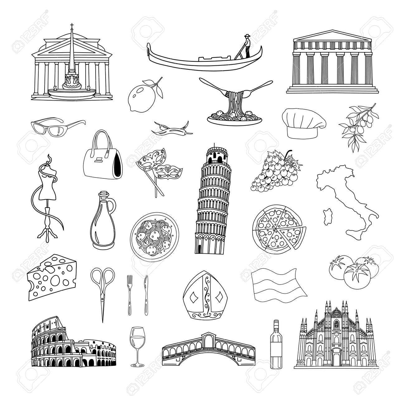 Collection of line drawings of italy illustrations for coloring pages and templates royalty free svg cliparts vectors and stock illustration image