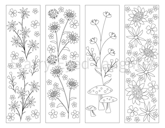 Coloring bookmarks flower adult coloring page pdf garden mushrooms cottagecore therapeutic self care activity printable birthday gift