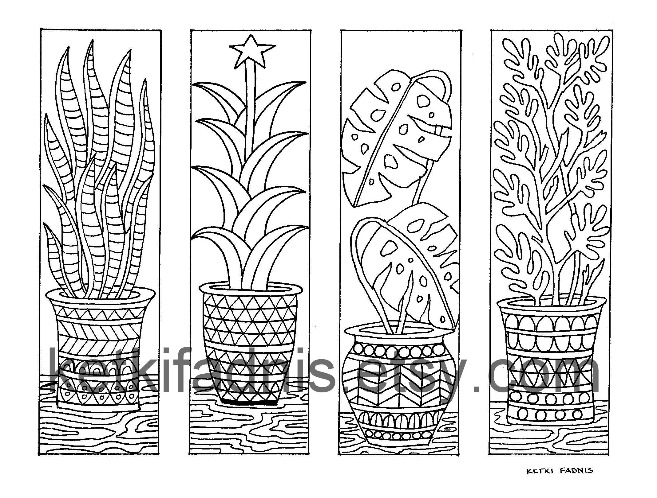 Plants coloring bookmarks bookmarks coloring page instant pdf download digital download hand drawn pdf coloring page download now