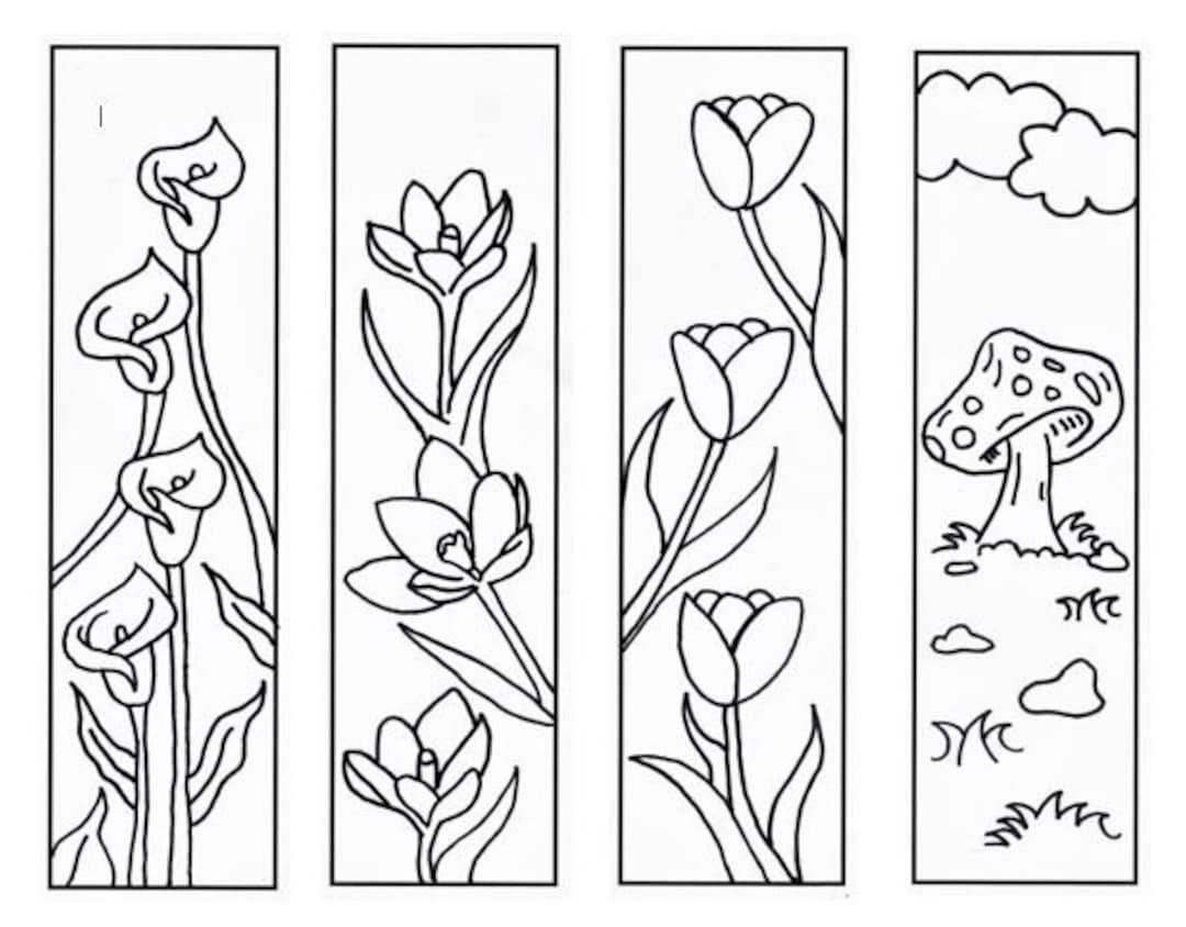 Printable plant coloring bookmarks tulips crocus mushroom calla lilly instant download