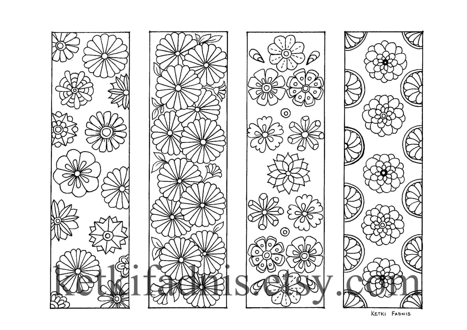 Coloring bookmarks flowers pdf download bookmarks to color digital download hand drawn diy print and color download now